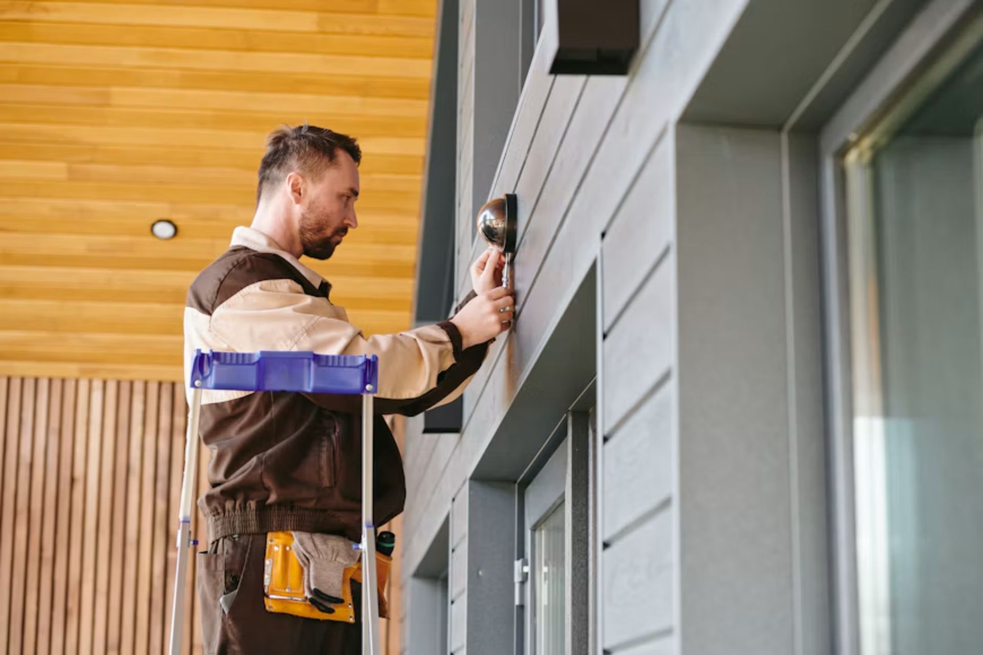 Worker inspecting vinyl siding and applying exterior caulking around a window frame before winter.